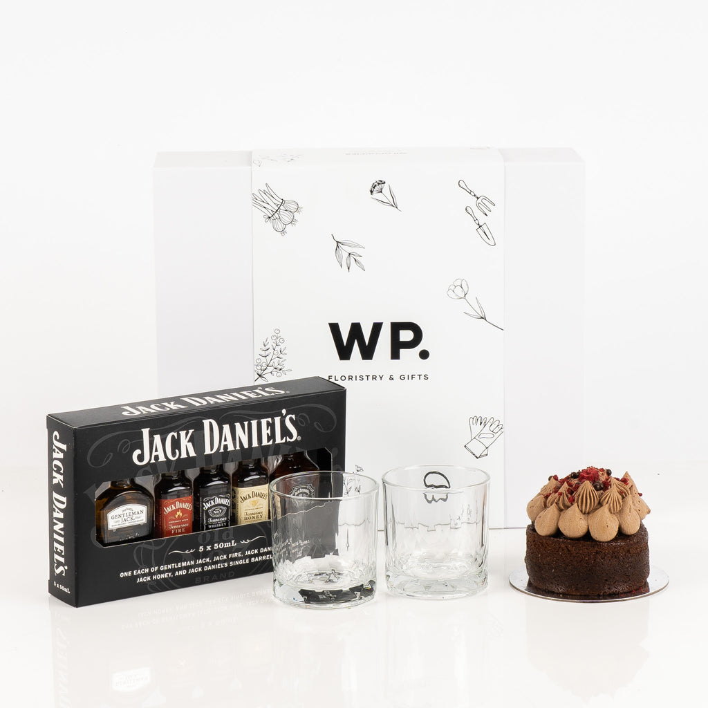 His Favourite Things Gift - Jack Daniels - Whiskey - Chocolate Cake - Raspberry Chocolate Cake - Gift Box - Wild Poppies Delivery