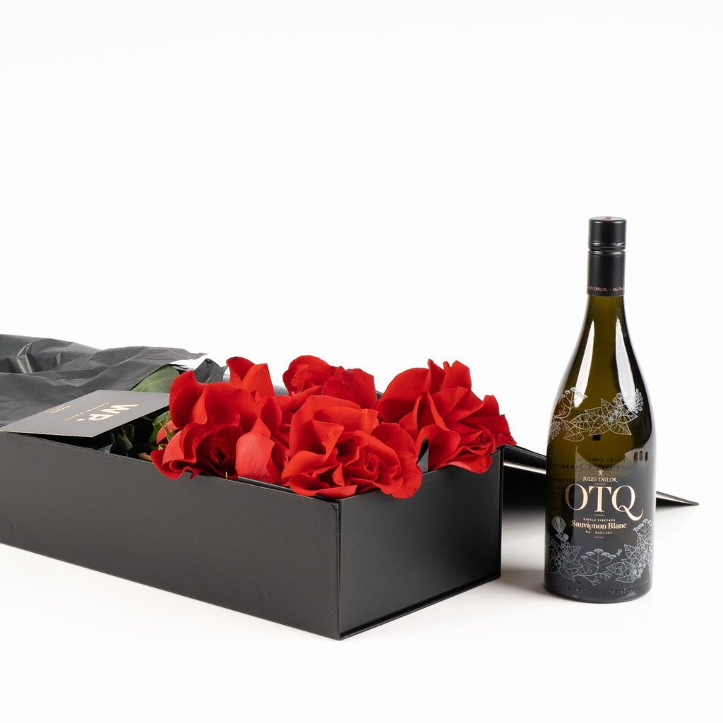 Boxed Red Roses and JT Wine - Wild Poppies -  Flower - Same Day Flower Delivery Auckland - Auckland Flower Delivery \ Florists - boutique gift boxes 