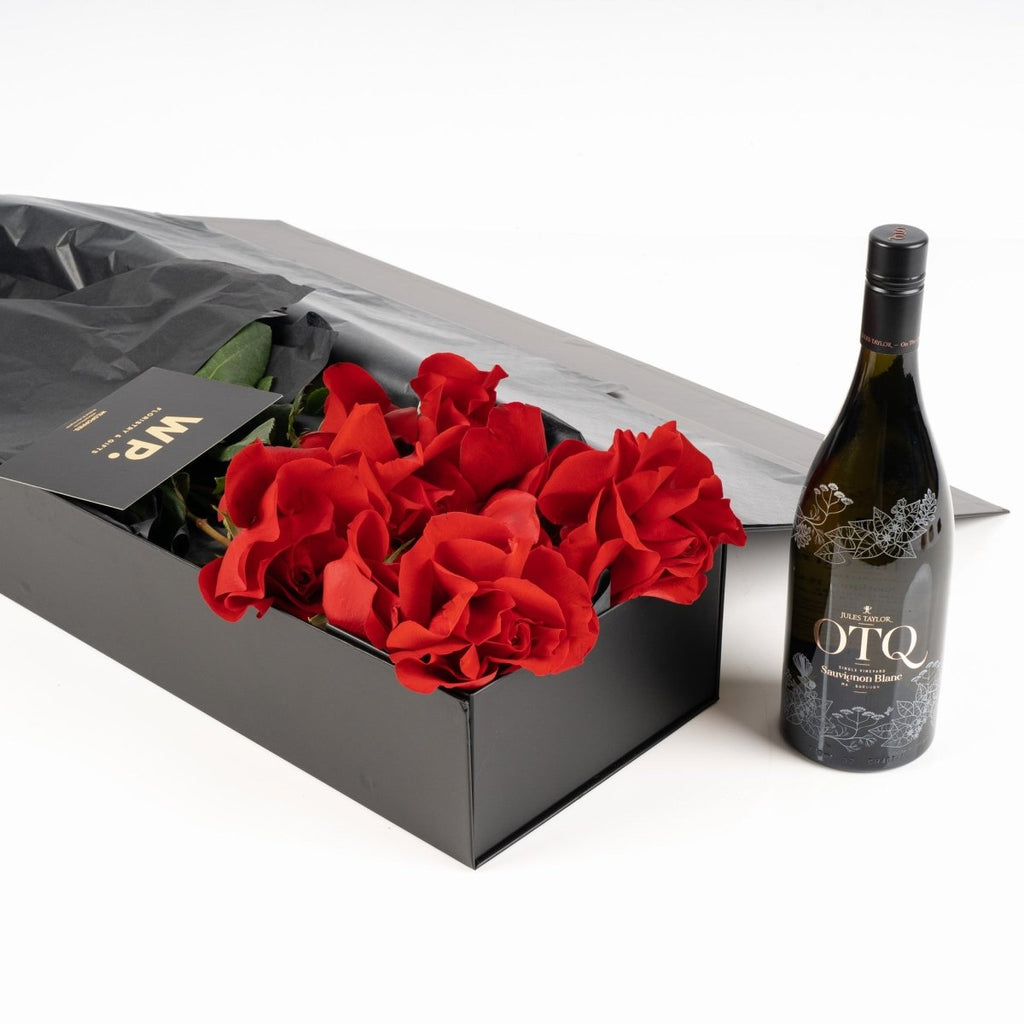 Boxed Red Roses and JT Wine - Wild Poppies -  Flower - Same Day Flower Delivery Auckland - Auckland Flower Delivery \ Florists - boutique gift boxes 