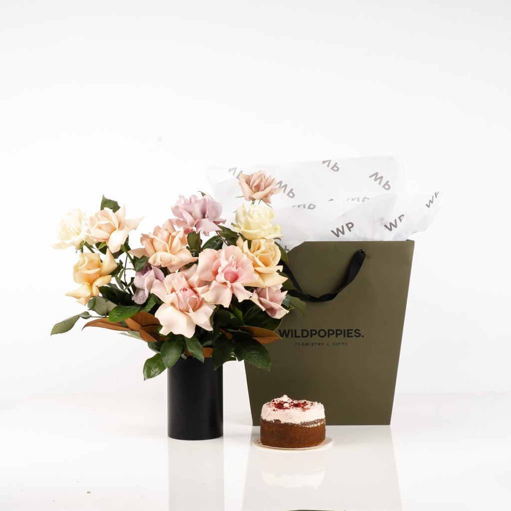 Soft Rose & Cake Combo Deal - Wild Poppies -  Gift - Same Day Flower Delivery Auckland - Auckland Flower Delivery \ Florists - boutique gift boxes 