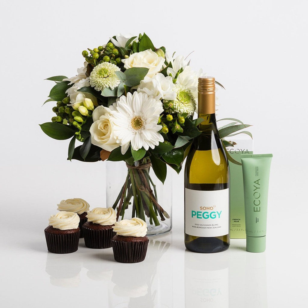 Soho Peggy Wine, White Posy & Ecoya Gift Set - Wild Poppies -  Gift - Same Day Flower Delivery Auckland - Auckland Flower Delivery \ Florists - boutique gift boxes 