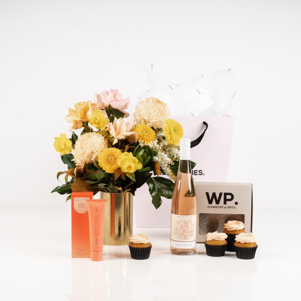 Wine, Peach Flowers & Ecoya Gift - Wild Poppies -  Gift - Same Day Flower Delivery Auckland - Auckland Flower Delivery \ Florists - boutique gift boxes 